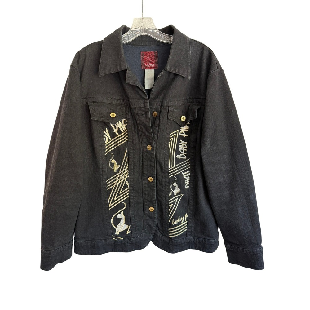 Vintage Baby Phat Black Denim Jacket 2X Y2K Sequin Gold Cat Logo Plus Size